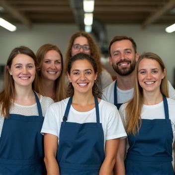 Équipe souriante de Pressing Éclair à l'intérieur du pressing